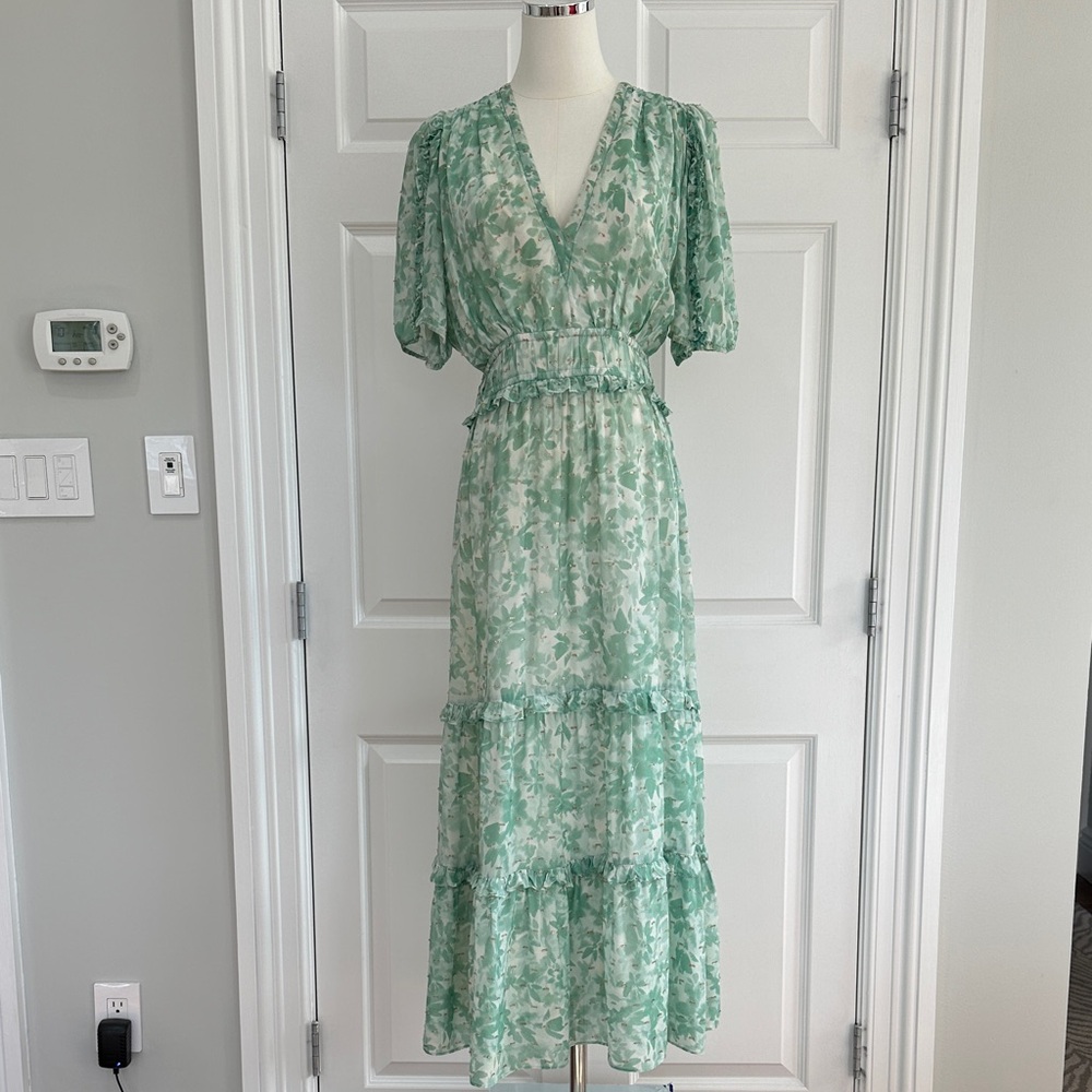 Shoshanna Selene Green Floral Metalic Lurex Tiered Wedding Guest Dress Size 10